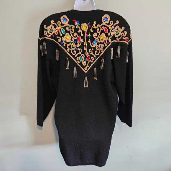 Vintage Diane Freis Jeweled Tasseled Embroidered Black Wool Cardigan Size L/XL - Picture 10 of 10